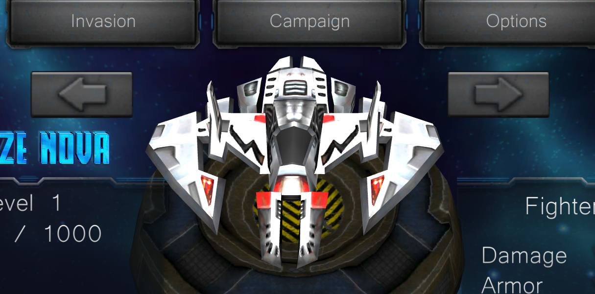Player spacecraft customization screen in Alien Sky Invasion